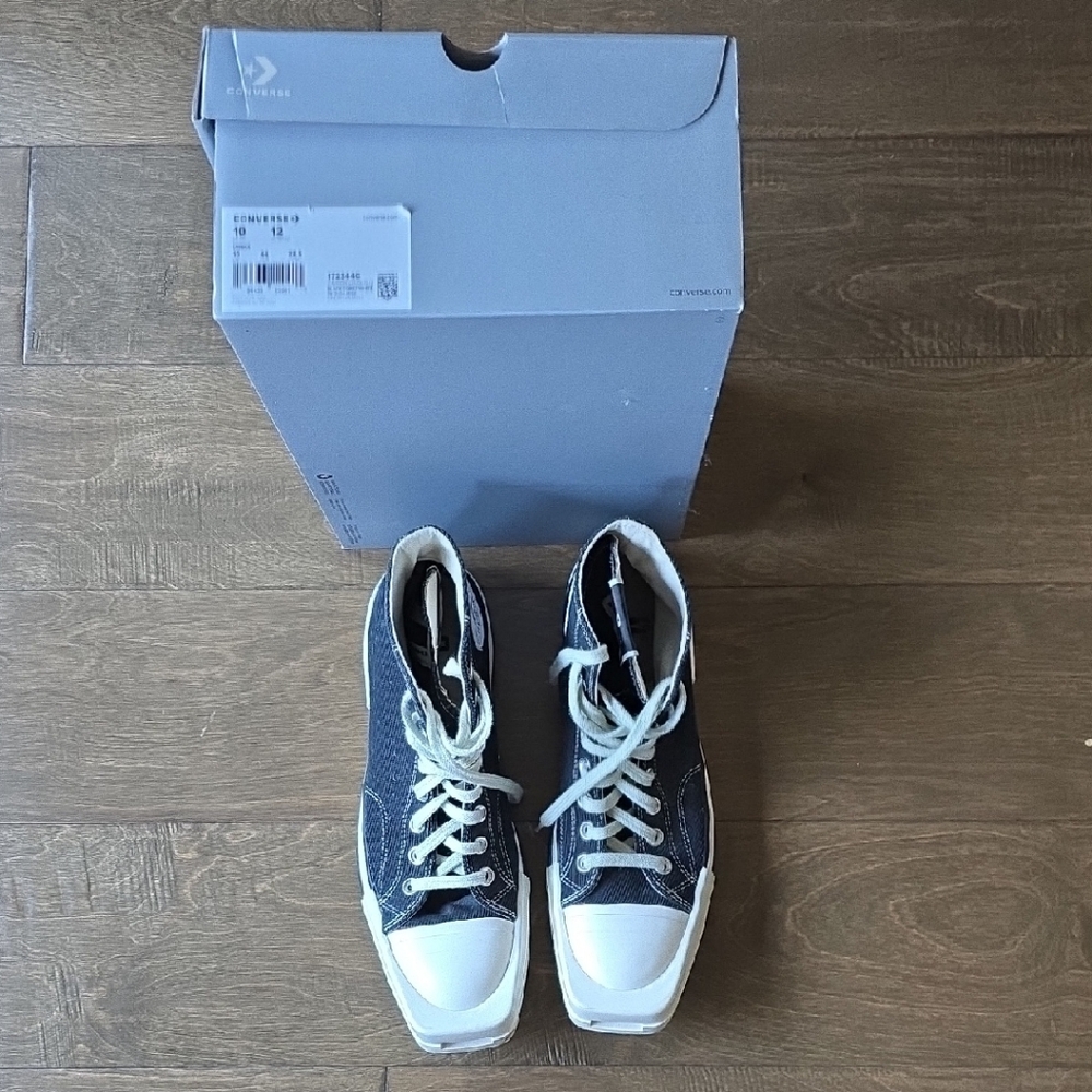 Stylish Denim and White High-Top Sneakers